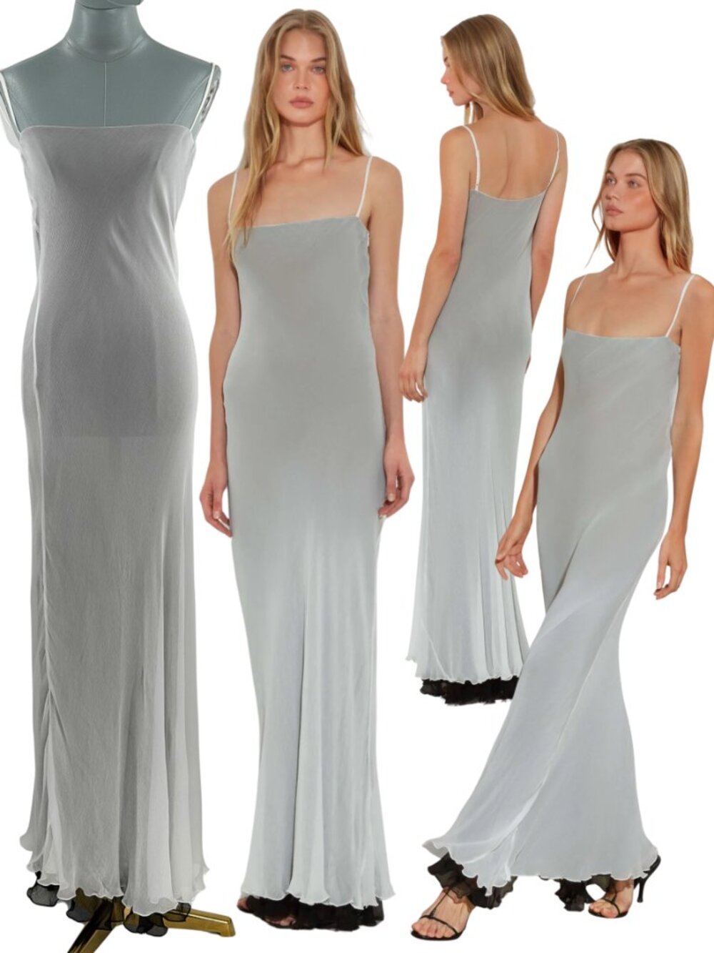 🆕 RAT & BOA 🧿 NWOT Marzia Double Layered Slip Maxi Dress, White Grey - Sz XXS